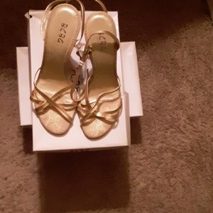 BCBG gold wedge sandal